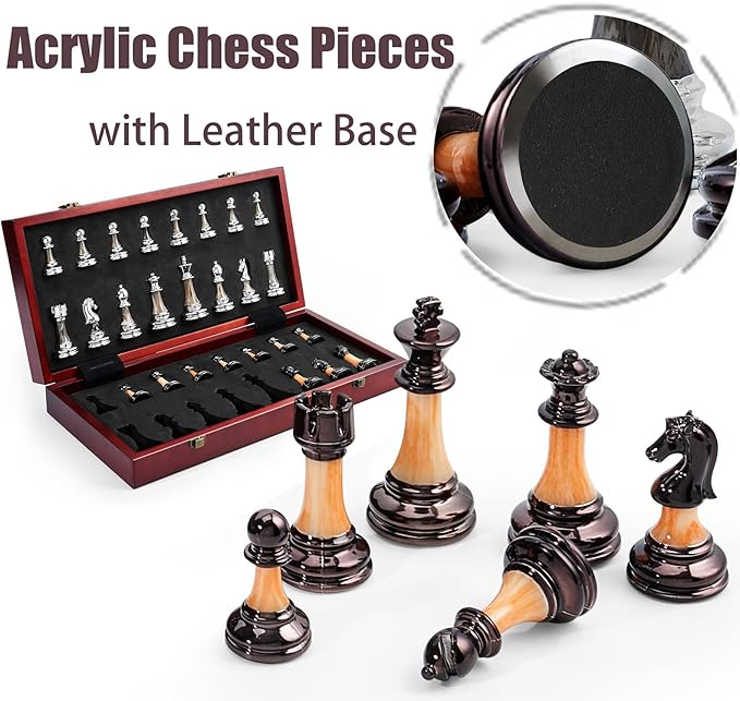 VAMSLOVE Chess Set Large 16''/42cm Folding Wooden Board with Deluxe Weighted Acrylic Chess Pieces - 3.5" King with Storage Slots for Adults House Warming Retirement Gift