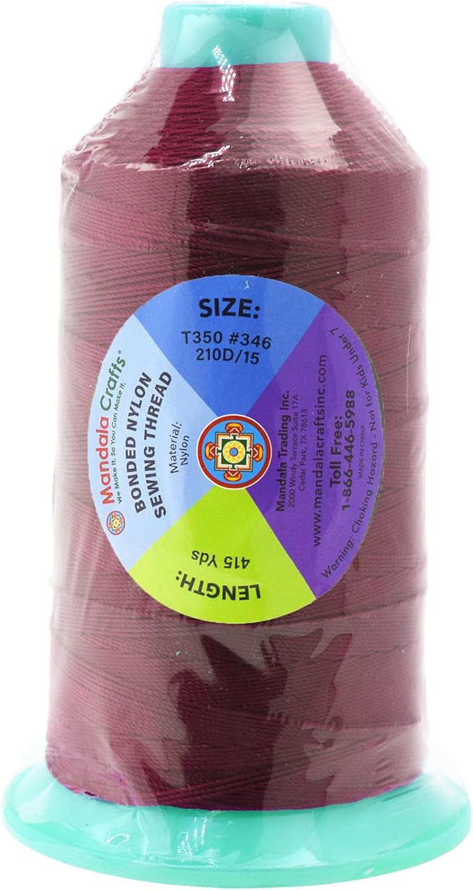 Mandala Crafts Bonded Nylon Thread Wine Heavy Duty Sewing Threads - 415 YDs Size 346 210D T350 Tex 350 Thread for Leather Jeans Weaving Outdoor Marine Upholstery Threads