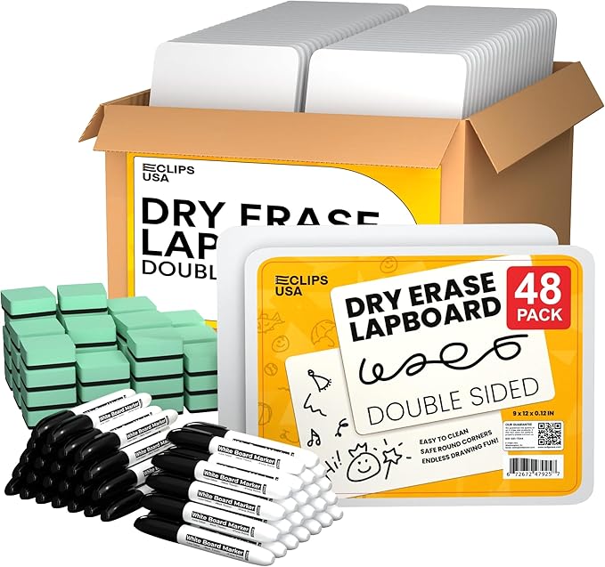 Dry Erase Board, Dry Erase Lap Boards (with 12 Markers & 12 Erasers), Small White Boards Dry Erase, White Board Mini, 9” x 12” Double Sided (48 Pack)