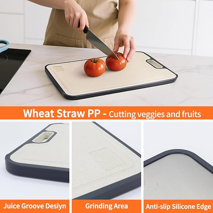 Titanium Cutting Board for Kitchen，100% Double Sided Solid Pure Titanium Cutting Board with Juice Groove &Wheat Straw PP Chopping Board Food Grade (Medium (15''×11‘’ Inche))