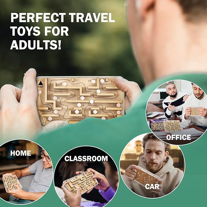 Handheld Fidget Puzzle Game for Kids and Adults - Challenging Wooden Labyrinth Marble Maze for Teen Boys - Fun Brain Teaser Puzzle Fidget Toys for Travel Stocking Stuffer Party Favor for Kids Ages 8+