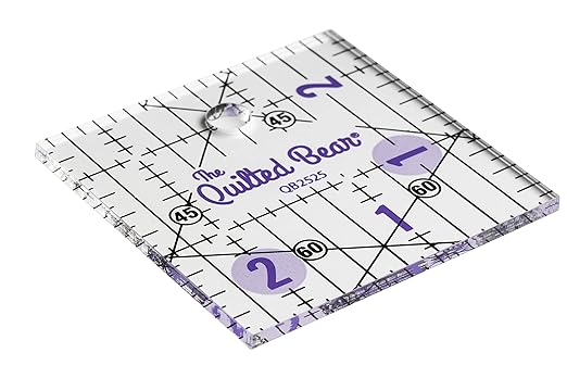 The Quilted Bear Quilting Rulers - Transparent Acrylic Non Slip Quilting, Patchwork & Sewing Ruler with Clear Black Lines & 30, 45 & 60 Degree Angles for Perfect Accuracy & Precision (2.5" x 2.5")