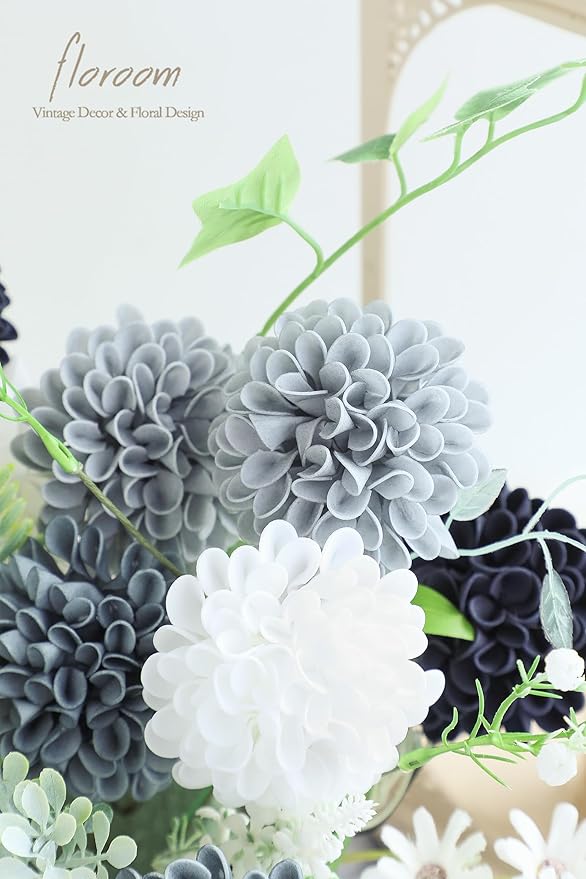 Floroom Artificial Dahlia Flowers 25pcs Real Looking Blue Shades Foam Fake Roses with Stems for DIY Wedding Bouquets Bridal Shower Centerpieces Floral Arrangements Party Tables Home Decoration