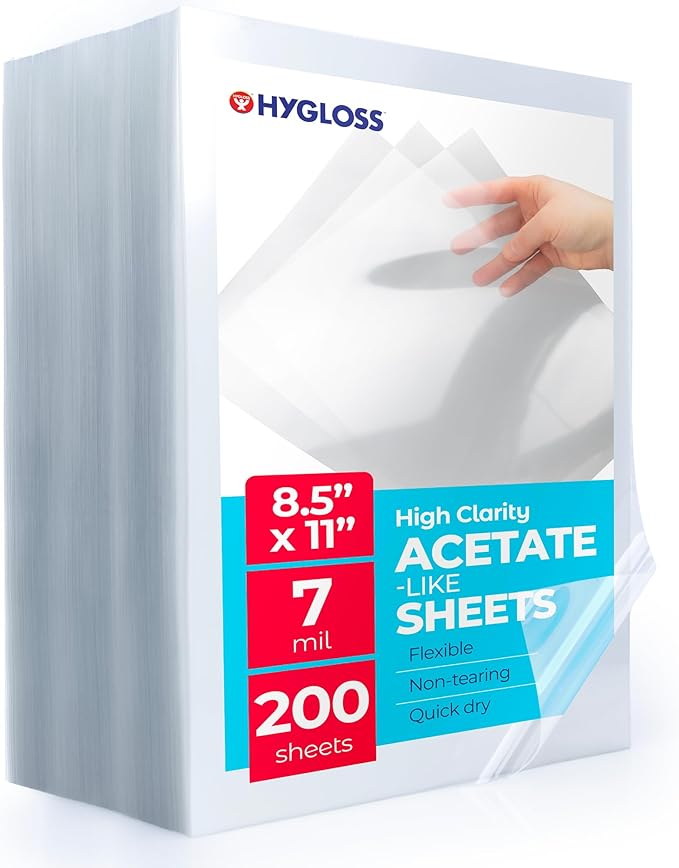 Hygloss 8.5" x 11" Acetate Paper - 7 Mil Clear Acetate Sheets for Crafts Projects, Classroom Stencil Sheets, Overhead Transparency Sheets for Projector, Clear Plastic Sheet (Not for Printers) 200 Pack