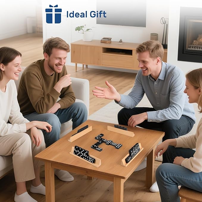 Dominoes Set for Adults with 4 Wooden Racks/Trays, Double Six Dominoes Travel Set with Portable Case Double 6 Dominoes Set with 4 Tiles Holders, 28 Tiles Dominos Set for Family Board Games - Black