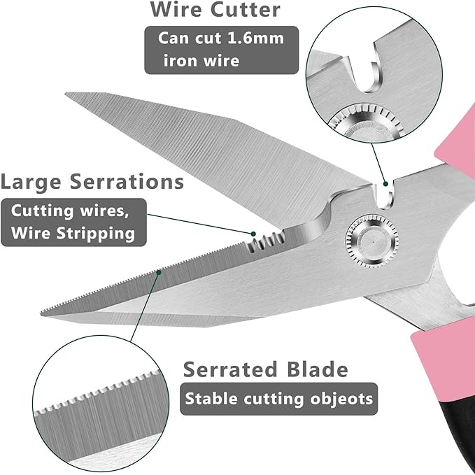Heavy Duty Scissors Multipurpose - Sharp Utility Scissors All Purpose, Easy Cutting Carpet, Cardboard, Wires, Leather, Fabric（8'' Pink）