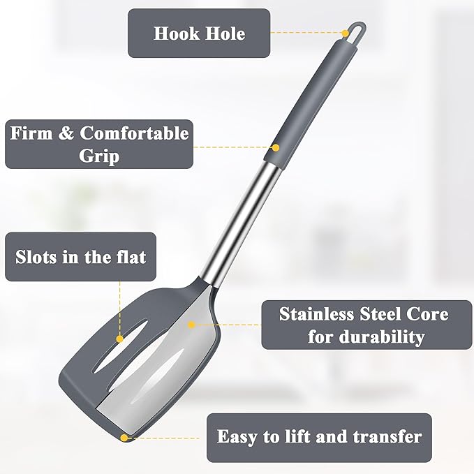 Silicone Spatula Spoon Set, 4 PCS Silicone Cooking Utensils Spatula Spoon Set with Stainless Steel Handle, BPA Free Kitchen Turners for Frying, Mixing, Serving, Draining, Turning, Stirring, Grey