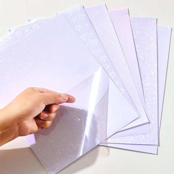 36 Sheets Holographic Sticker Paper, Clear Vinyl Lamination Sticker Film Self Adhesive, Transparent Overlay Laminate Sticker Paper Waterproof-Gem/Dots/Sand Star/Rainbow/Star/Heart, 8.5x11 Inch