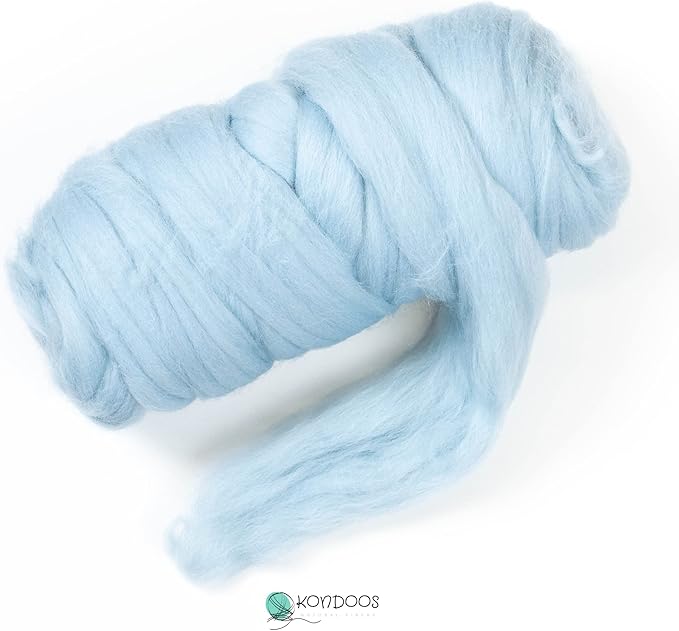 Kondoos Colored Natural Wool roving, 8 OZ. Best Wool for Needle Felting, Wet Felting, handcrafts and Spinning. (Light Blue)