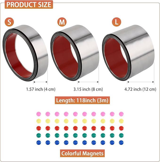 Self Adhesive Backing Metal Strip for Magnets, Flexible Ferrous Memo Tapes Roll for Bulletin Boards in Studio, Office, School (Glossy Silver, 118''L x 4.72''W)