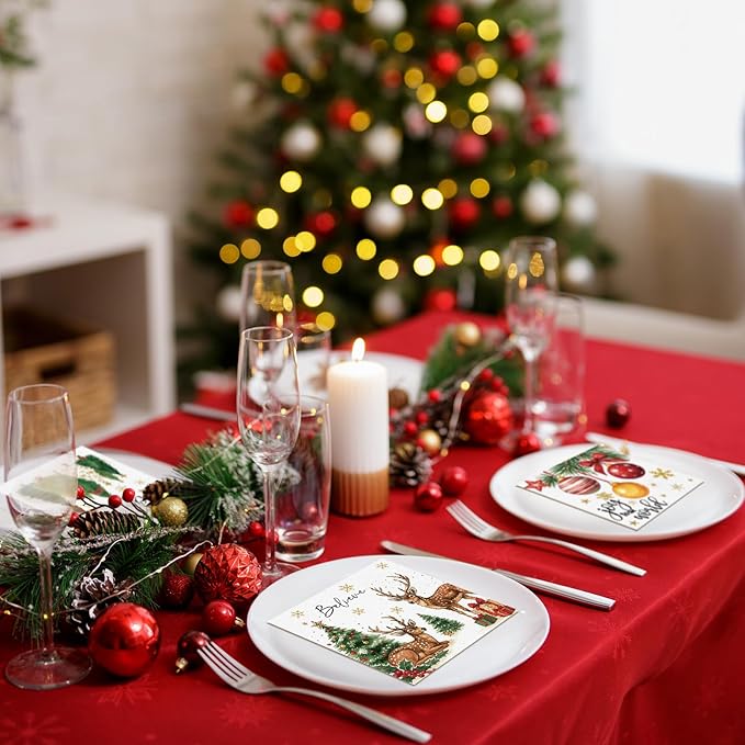 Janlaugh 200 Pcs Christmas Paper Cocktail Napkins Disposable 2 Ply Xmas Style Decoupage Beverage Napkins for Xmas Holiday Winter Dinner Table Decor (Classic Style)