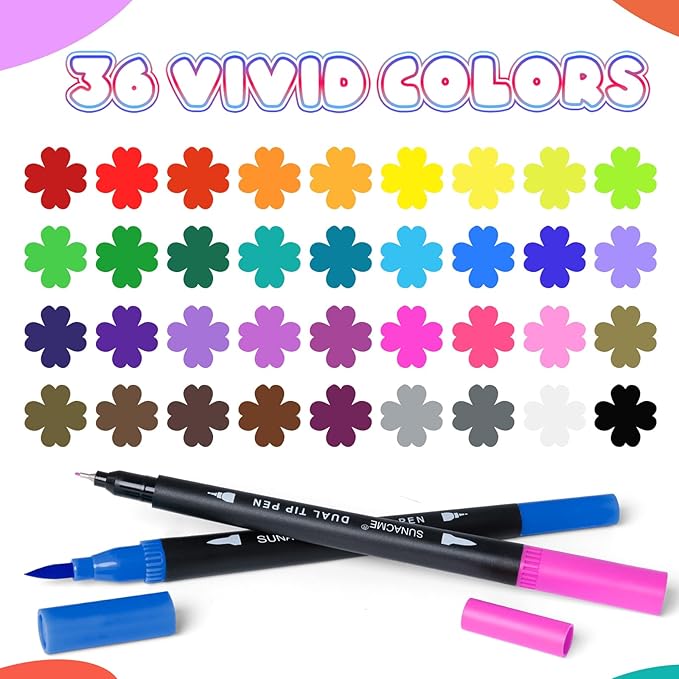36 Dual Brush Marker Pens, 36 Colors Art Marker Set with Brush Tip and Fineliner Tip for Adults Coloring Books, Aesthetic School Art Supplies No Bleeding