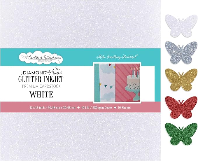 Cardstock Warehouse Diamond Print Inkjet Glitter - Premium White Glitter Cardstock Paper – 10 Sheets, 12 x 12" - 104 lb/280 GSM for Inkjet Printing, Die-Cutting, Card Making, Crafts, and DIY Projects