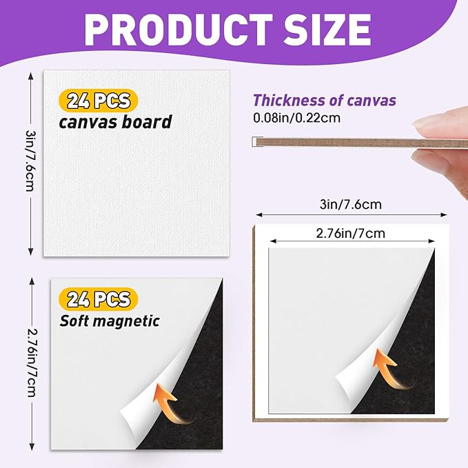 ESRICH 24 Pack 3x3IN Mini Magnetic Canvas Panels, Small Canvases for Painting for Oil, Watercolor, Acrylic Painting & DIY Crafts with 24PCS 3x3IN Square Flat Canvas Boards, 24PCS Soft Magnets