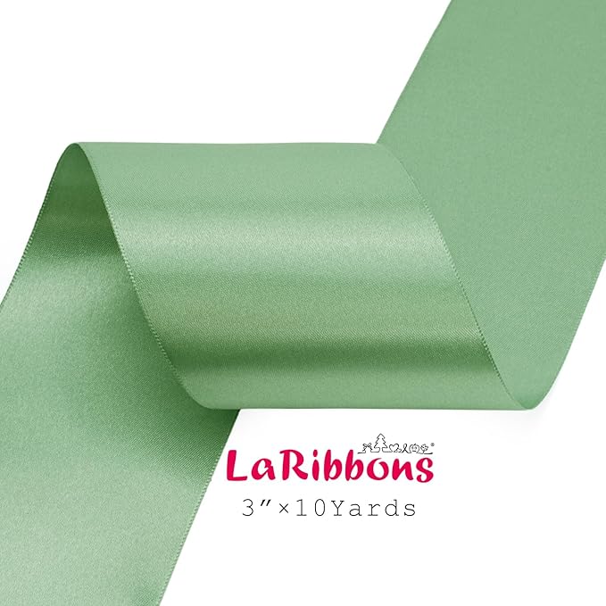 LaRibbons Sage Green Satin Ribbon 3 Inch 10 Yards Double Faced Luxury Light Green Silk Ribbon for Gift Wrapping Flower Bouquets Bow Christmas Wedding Party Decoration
