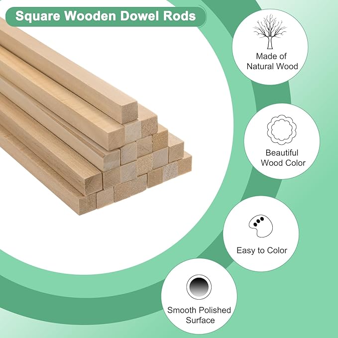10-Pack Wood Square Dowel Rods, 25/64 x 8 Inch Unfinished Wooden Square Dowel Rod, Hardwood Square Dowel Sticks for Crafts/DIY Projects/Models Making [Wood Color]