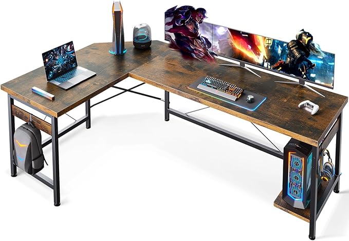 Coleshome 66" L Shaped Larger Gaming Desk, Corner Computer Desk, Sturdy Home Office Computer Table, Writing Workstation, Vintage