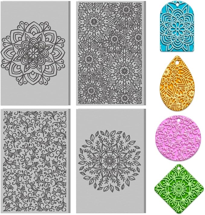 4PCS Polymer Clay Texture Sheets Set for Using with Clay Cutters Boho Clay Mat Effect as Texture Roller DIY Craft Tools Earing Jewelry Making
