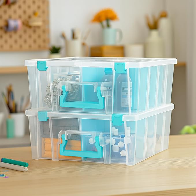 ArtBin 6990RH-AMZ Super Satchel Double Deep Compartment Box - Art Storage with 8 Removable Compartments, Smart Closure for Craft Supplies (Aqua- Pack of 3)