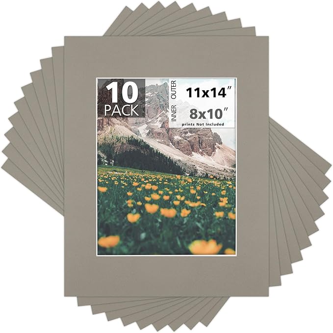 Mat Board Center, Pack of 10, 11x14 for 8x10 Middle Gray Color Mats - Bevel Cut, Acid Free, 4-ply Thickness, White Core - for Pictures, Photos, Framing