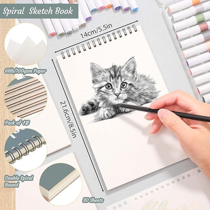 12 Pack Sketch Book, 5.5 x 8.5 Inch Sketchbook, 68lb/100gsm Top Spiral Bound Sketch Pad, Acid Free Art Supplies Drawing Painting Sketching Paper for Kids, Adults, Beginners, Artists (30 Sheets Each)