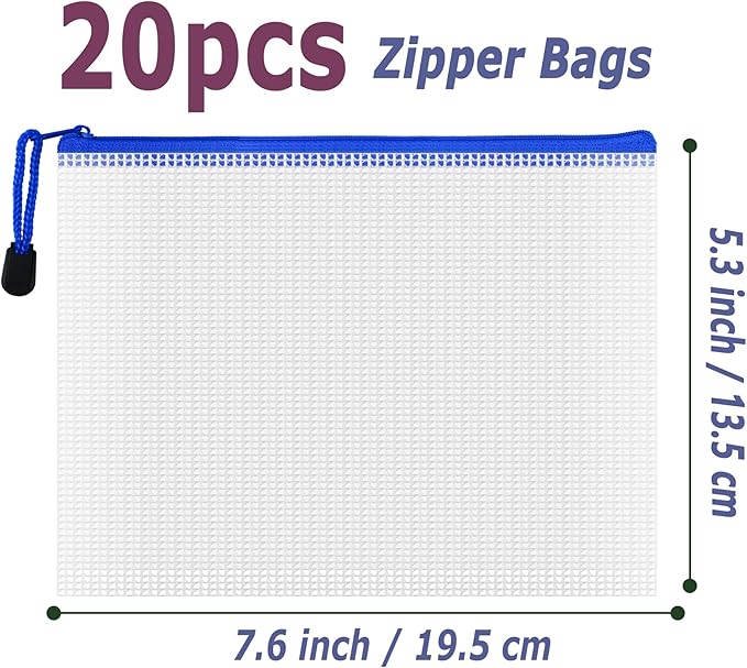 AUSTARK 20Pcs Board Games Storage Bags, PVC Mesh Zipper Pouches, Zippered File Bags, Plastic Waterproof Storage Bags for Office School Home Travel Cosmetic (B6 Size 7.6 x 5.3 Inches, White and Blue)