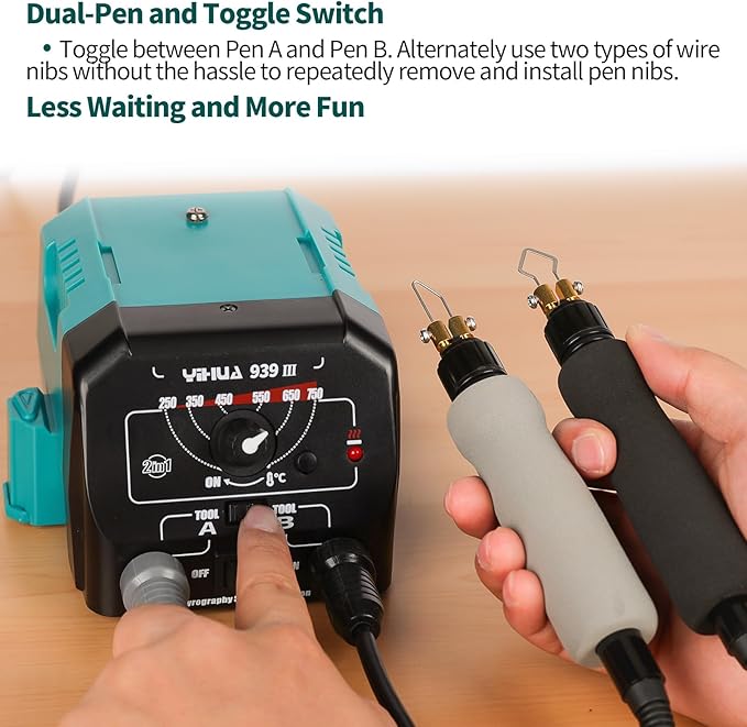 YIHUA 939 III Dual Pen Pyrography Station 2-in-1 Wood-Burning Tool with Two Wood-Burning pens 250-750°C Temperature Adjustable 20 Detailer nibs and 7 Essential Accessories and Tools Included