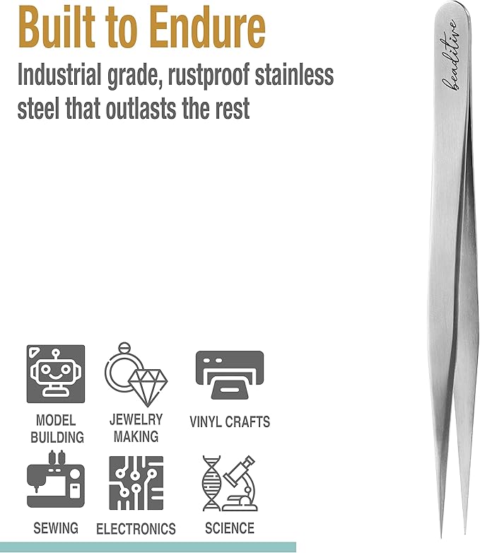 Beaditive High Precision Tweezers 3 Pack - 4.7" Craft Tweezers for Sewing, Beading & DIY Crafts - Non-Serrated Jewelry Tweezer Set with Fine Point Tips - Stainless Steel Needle Nose Hobby Tweezers