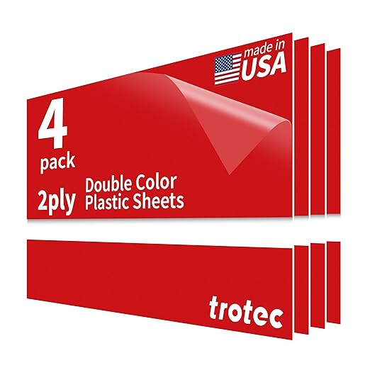 Trotec TroLase | 12"x20"x1/32", 4 Pcs | Red/White | 2 Ply | Modified Acrylic | Laser Engraving Double Color Plastic Sheet | Engraving Blanks for Laser, Saw, Guillotine | Made in USA