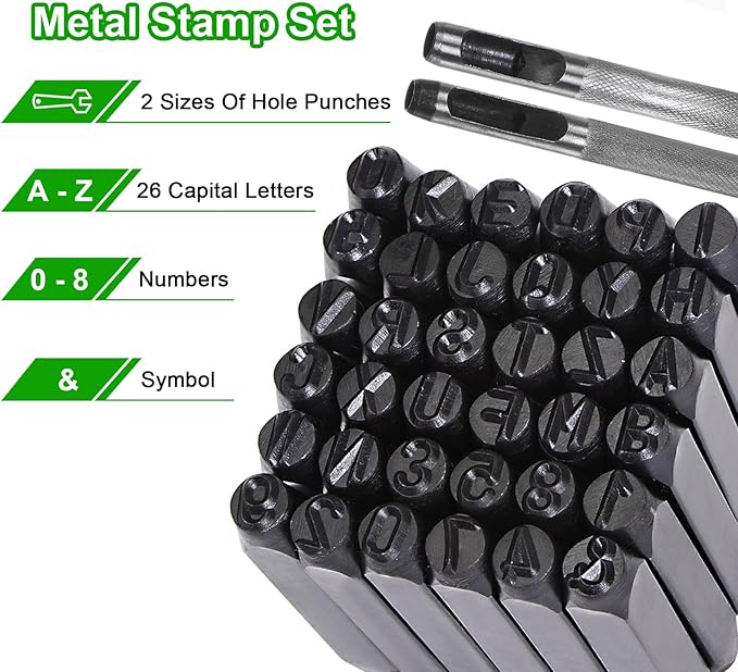 HARFINGTON 36pcs Metal Stamping Kit 1/4" (6mm) (A-Z, 0-8, "&" Symbol) Steel Letter Punch Press Tool with Hole Punch to Stamp on Metal, Plastic, Wood, Leather, Black