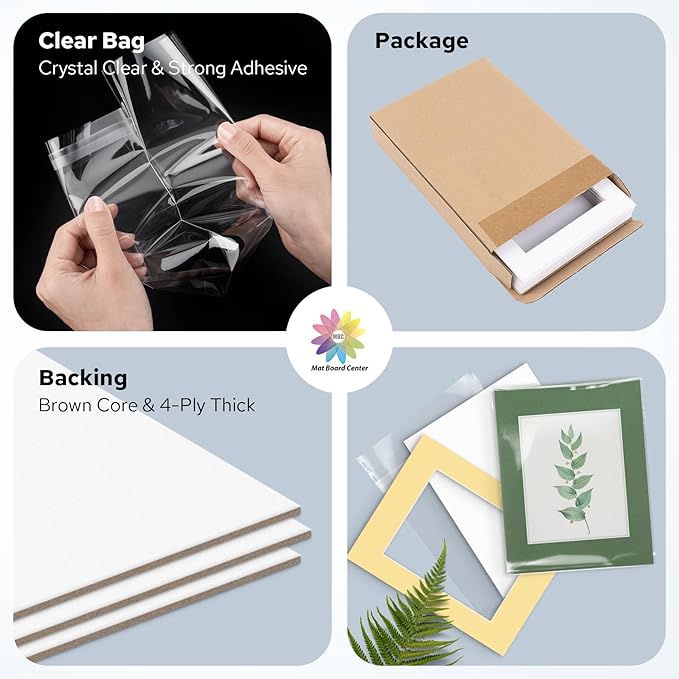 Mat Board Center, Pack of 10, 11x14 for 8x10 Mix Color Mat Kit - Acid Free, 4-ply Thickness, White Core - Includes Backing Boards and Clear Bags - for Pictures, Photos, Framing