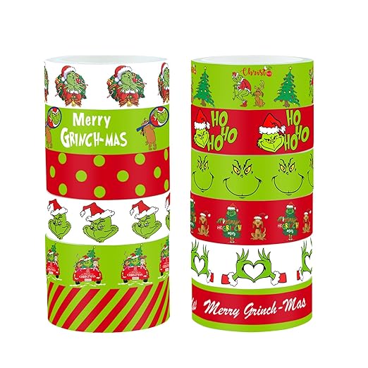 12 Rolls Christmas Washi Tape - Festive Cartoon Characters, Green & Red Xmas Decorative Masking Tape for Scrapbooking, Journals, Calendars, DIY Crafts & Gift Wrapping (16.4ft x 0.6")"