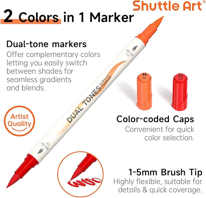 Shuttle Art 24 pack Dual Tone Acrylic Paint Markers, 48 Colors Acrylic Paint Pens for Rock Painting, Ceramic, Wood, Canvas, Glass, Stone, Fabric, Card Making, DIY & Art Supplies