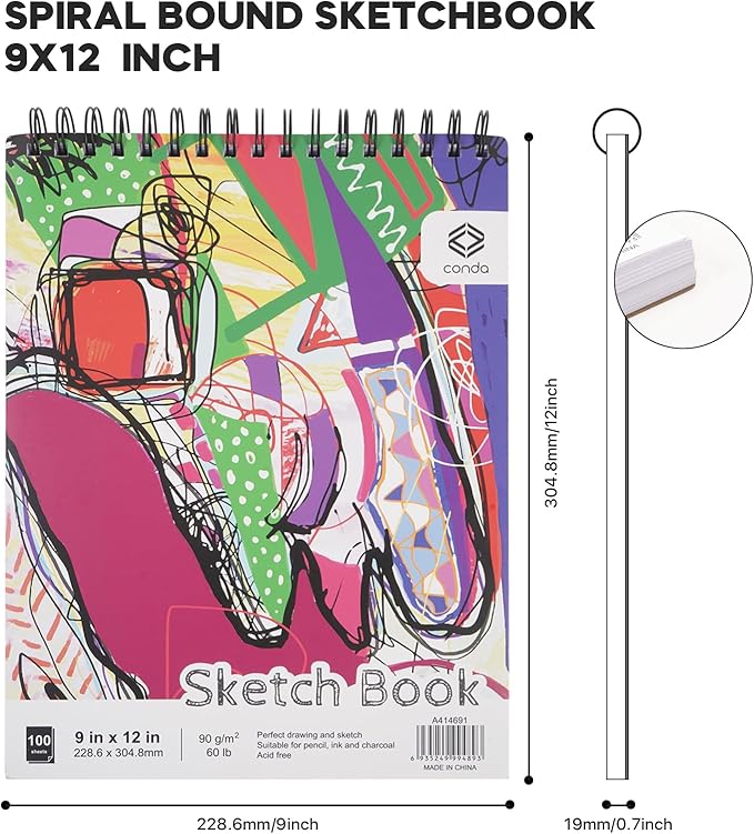 CONDA 9 x 12 Inch Sketchbook, Top Spiral Bound Sketch Pad, 100 Sheets (60 lb/90 GSM), Durable Acid-Free Sketch Paper, Drawing and Sketching Paper for Kids Adult Beginners