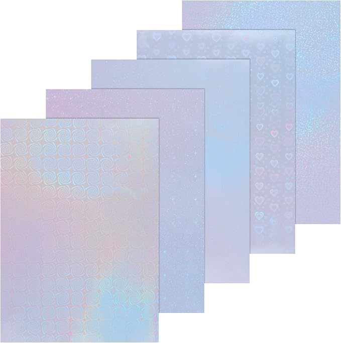 KEILEOHO 50 Sheets A4 Holographic Paper Sticker, 10 Patterns Styles Clear Waterproof Self Adhesive Film, 11.7 x 8.3 Inches Holographic Cardstock