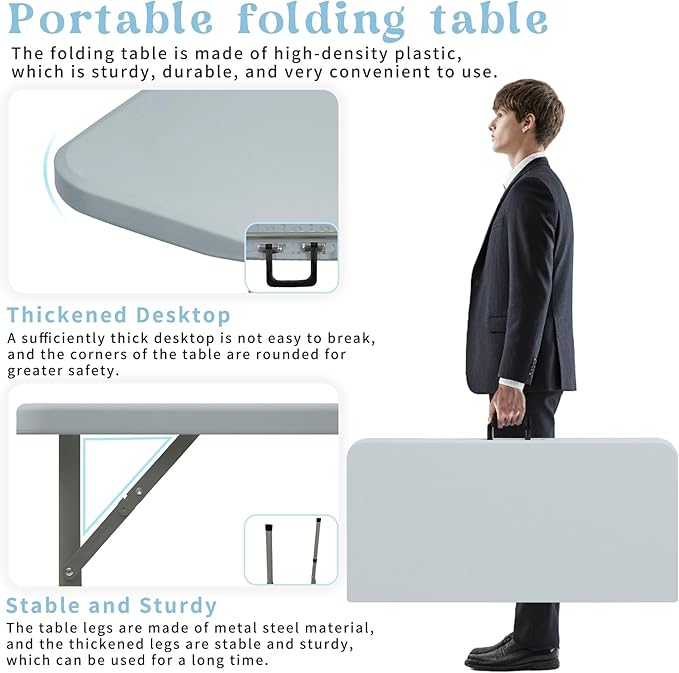 34" Square Folding Table,Multi-Functional Portable Folding Card Table with Carrying Handle for Indoor Outdoor Camping,Picnic, Office, Party Use, HDPE Plastic Tabletop with Metal Frame(Grey)