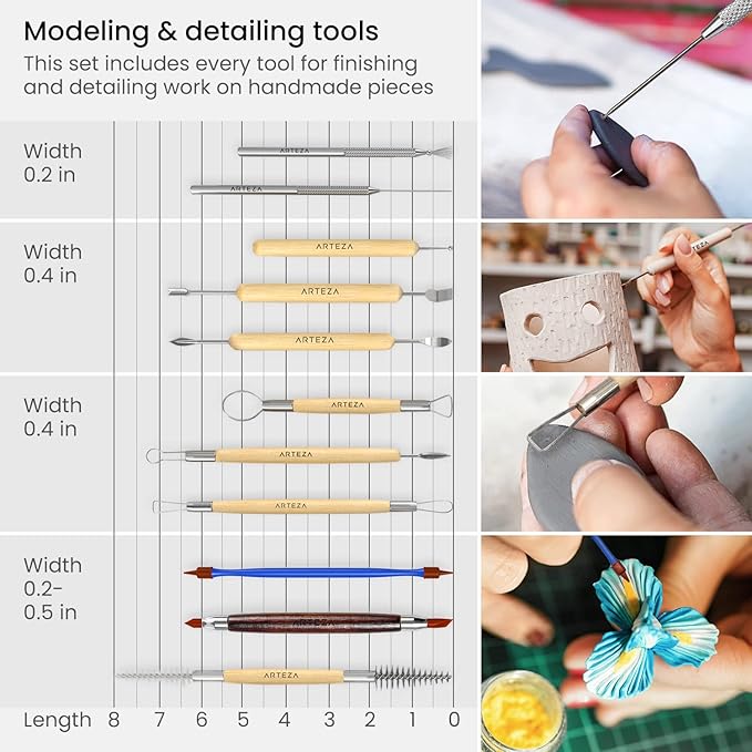 Arteza Pottery & Polymer Clay Tools, 42-Piece Sculpting Set, Steel Tip Tools with Wooden Handles, for Pottery Modeling, Smoothing, Carving & Ceramics