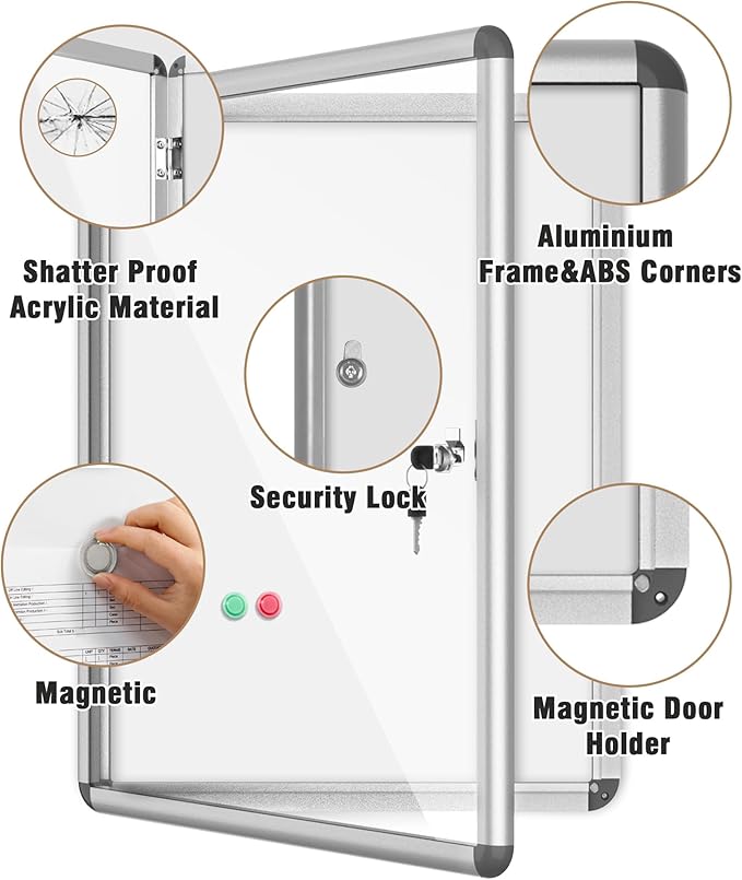 26"x20" Enclosed Bulletin Board, Lockable Weather-Resistant Aluminum Noticeboard for School & Office, Silver Frame w/Magentic Whiteboard