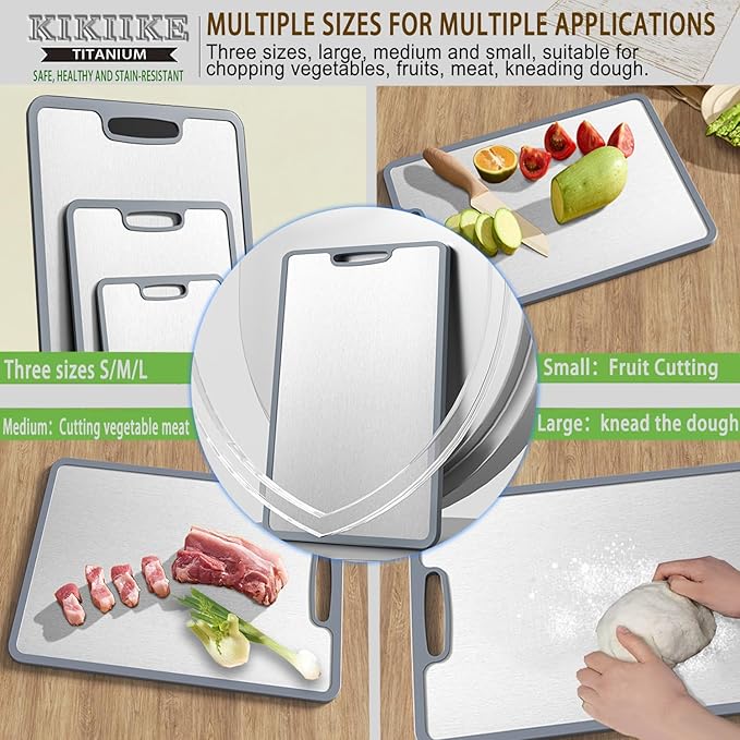 Titanium Cutting Board Double-sided non-slip silicone edging Pure Titanium Cutting Boards for Kitchen - Double-Sided Food-Grade Chopping Board Non-Stick Durable and easy to clean (Large)