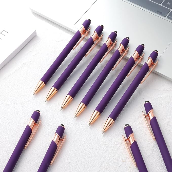 12 PCS 2 in 1 Stylus Ballpoint Pen with Stylus Tip, 1.0 mm Black Ink Metal Pen Stylus Pen for Touch Screens (Rose Gold & Purple)