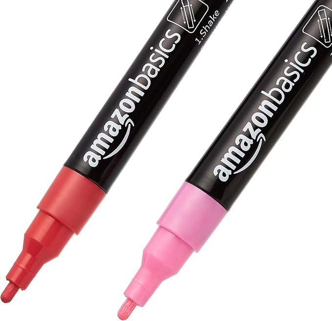 Amazon Basics Bullet/Chisel Reversible Tip Chalk Markers, Fine Point, 8-Pack, Bright Colors