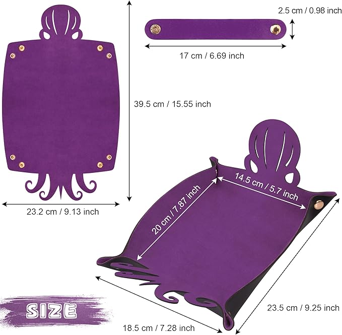 SIQUK 2 Pieces Octopus Dice Rolling Tray PU Leather Dice Mat Folding Scroll Dices Holder Trays for D&D RPG Games (Dark Green, Violet)