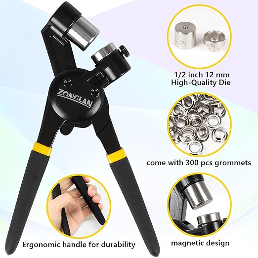 Heavy Duty Grommet Tool Kit with 1/2 Inch Die and 300 Sets of 12MM Grommets,Handheld Manual Eyelet Tool Rivet Press Punch Pliers for Leather Canvas Fabric