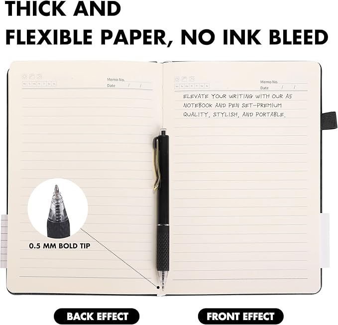 Aodaer 30 Set Lined Notebook Journals with Pens A5 Notebooks 100 GSM College Ruled Hardcover Notebook PU Leather Notepad with Pen Holder for Office School, 5.7 x 8.3 Inches, Black