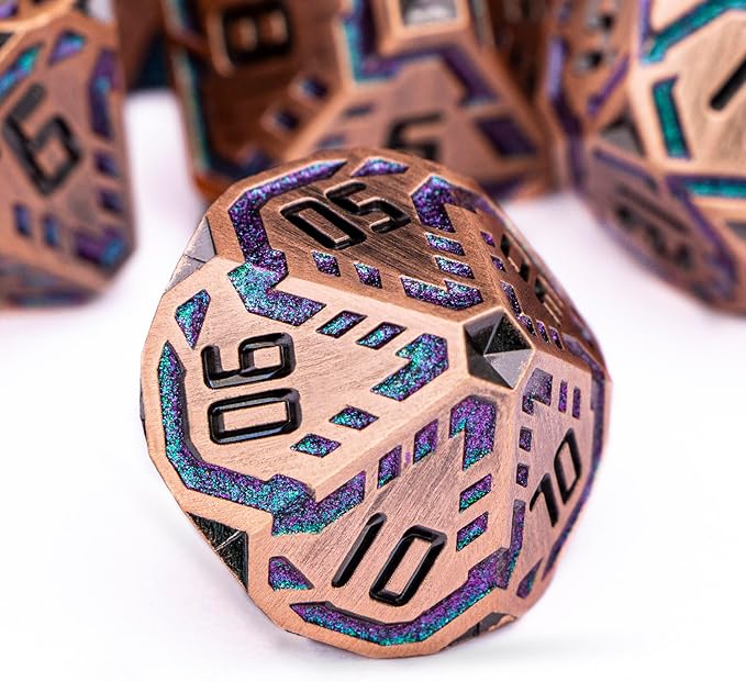 Metal DND Sci-fi Dice Set 7PCS Stripe Polyhedral Dice for Dungeons Dragons RPG Role Playing Game, Glitter D and D Dice with Gift Box D6 D8 D10 D12 D20 (Ancient Bronze&Green Purple)