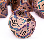 Metal DND Sci-fi Dice Set 7PCS Stripe Polyhedral Dice for Dungeons Dragons RPG Role Playing Game, Glitter D and D Dice with Gift Box D6 D8 D10 D12 D20 (Ancient Bronze&Green Purple)