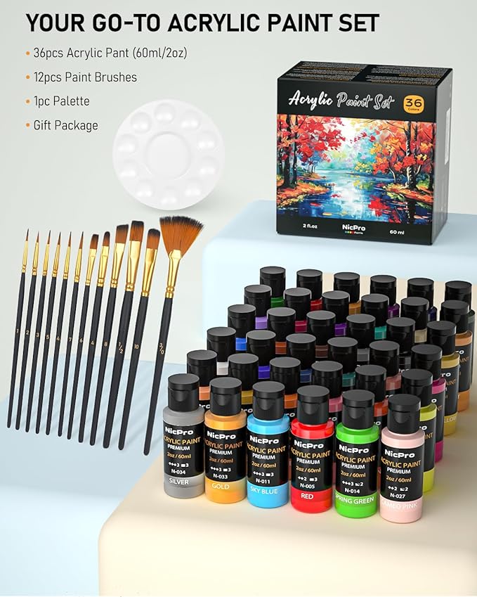 Nicpro 36 Colors Acrylic Paint Set with 12 Brushes & Palette, Non Toxic Art Supplies Kit for Fabric Painting, Canvas, Clay, Wood, Rock & Ceramic, Rich Pigments for Beginners, Students & Professional Artist (2 oz, 60 ml)