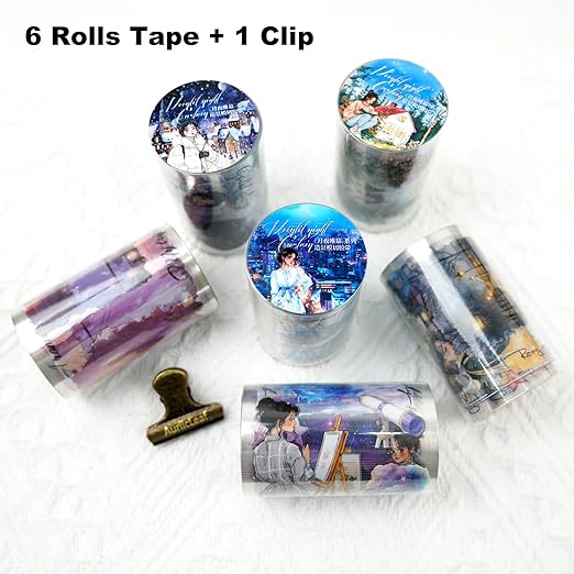 Moonlit PET Tape Set, 6Rolls Pre-Cut Night Scenery Stickers for Scrapbooking & Journaling, Includes Clip, Large Size, Ideal for Collage, DIY Crafts