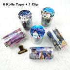 Moonlit PET Tape Set, 6Rolls Pre-Cut Night Scenery Stickers for Scrapbooking & Journaling, Includes Clip, Large Size, Ideal for Collage, DIY Crafts