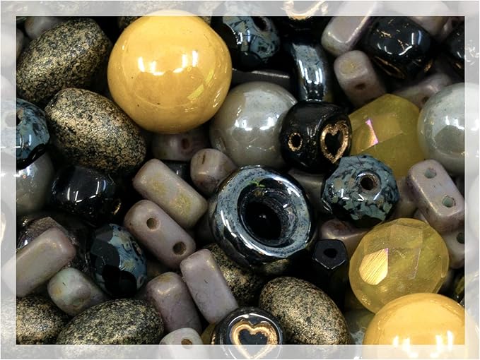 2.1oz (60 g) Mix of Unique Czech Bohemia Glass Pressed Beads, Matte and Glossy, Hand Made, Luster Gray Yellow